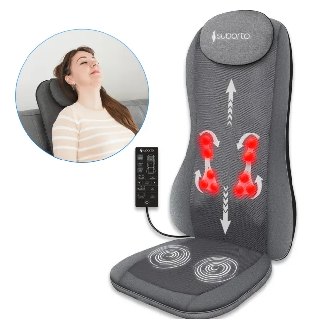 Aparat Masaj Spate SUPORTO Detenso 3D Max de tip Husa scaun de masaj cu Shiatsu si Vibromasaj, Perna Masaj cu Incalzire terapeutica, Reduce tensiunea si Relaxează Spatele, Functie Masaj 2D/3D, Cervical, Tintit, Rulare, Gri SPTDET3DMAX