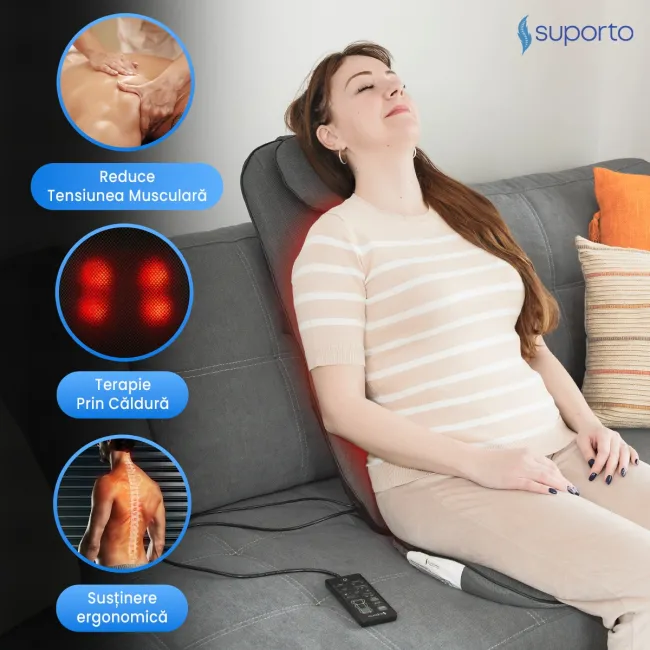Aparat Masaj Spate SUPORTO Detenso 3D Max de tip Husa scaun de masaj cu Shiatsu si Vibromasaj, Perna Masaj cu Incalzire terapeutica, Reduce tensiunea si Relaxează Spatele, Functie Masaj 2D/3D, Cervical, Tintit, Rulare, Gri SPTDET3DMAX