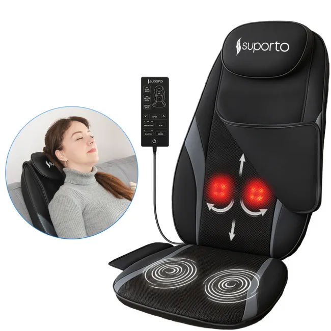 Aparat Masaj Spate SUPORTO Detenso Go de tip Husa scaun de masaj cu Shiatsu si Vibromasaj, Perna Masaj cu Incalzire terapeutica, Reduce tensiunea si Relaxează Spatele, Functie Masaj Tintit, Negru SPTDETGO