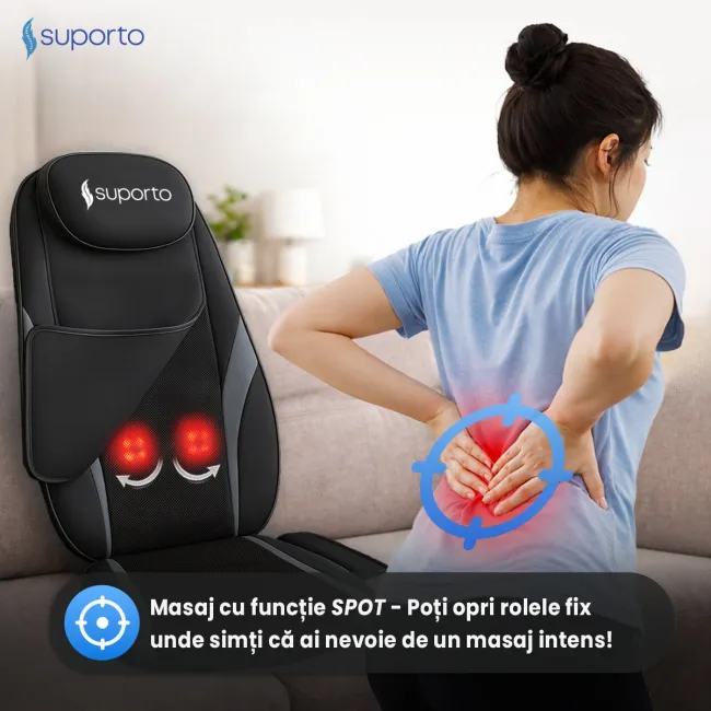Aparat Masaj Spate SUPORTO Detenso Go de tip Husa scaun de masaj cu Shiatsu si Vibromasaj, Perna Masaj cu Incalzire terapeutica, Reduce tensiunea si Relaxează Spatele, Functie Masaj Tintit, Negru SPTDETGO