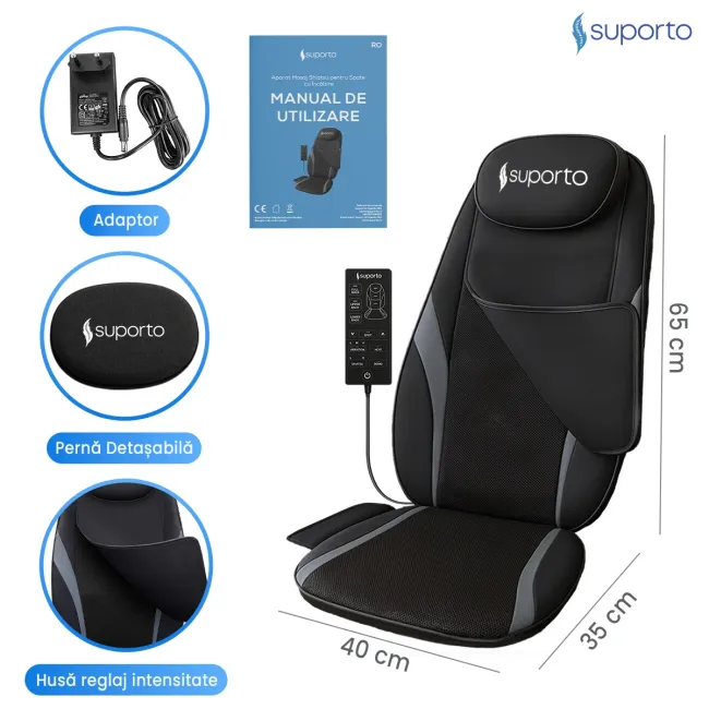 Aparat Masaj Spate SUPORTO Detenso Go de tip Husa scaun de masaj cu Shiatsu si Vibromasaj, Perna Masaj cu Incalzire terapeutica, Reduce tensiunea si Relaxează Spatele, Functie Masaj Tintit, Negru SPTDETGO