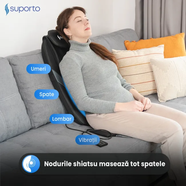 Aparat Masaj Spate SUPORTO Detenso Go de tip Husa scaun de masaj cu Shiatsu si Vibromasaj, Perna Masaj cu Incalzire terapeutica, Reduce tensiunea si Relaxează Spatele, Functie Masaj Tintit, Negru SPTDETGO