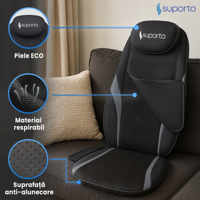 Aparat Masaj Spate SUPORTO Detenso Go de tip Husa scaun de masaj cu Shiatsu si Vibromasaj, Perna Masaj cu Incalzire terapeutica, Reduce tensiunea si Relaxează Spatele, Functie Masaj Tintit, Negru SPTDETGO