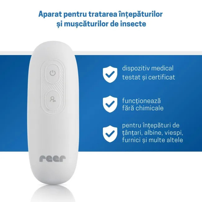 Aparat pentru tratarea intepaturilor de insecte, tratament prin caldura fara chimicale, 2 trepte de temperatura, bucla de prindere, baterii incluse, produs medical certificat, Reer ItchRelief 81140
