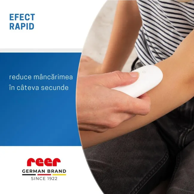 Aparat pentru tratarea intepaturilor de insecte, tratament prin caldura fara chimicale, 2 trepte de temperatura, bucla de prindere, baterii incluse, produs medical certificat, Reer ItchRelief 81140