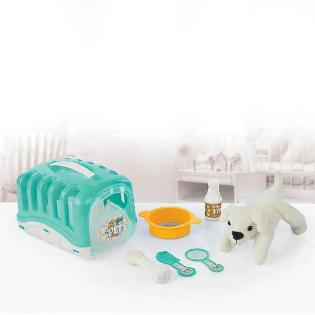 Catelus cu accesorii & cusca - pastel