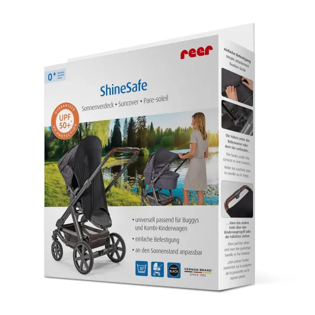 Copertina protectie solara carucior copii, UV 50+, parasolar universal reglabil, protectie vant si ploaie, material elastic, montare rapida, Reer ShineSafe 84251