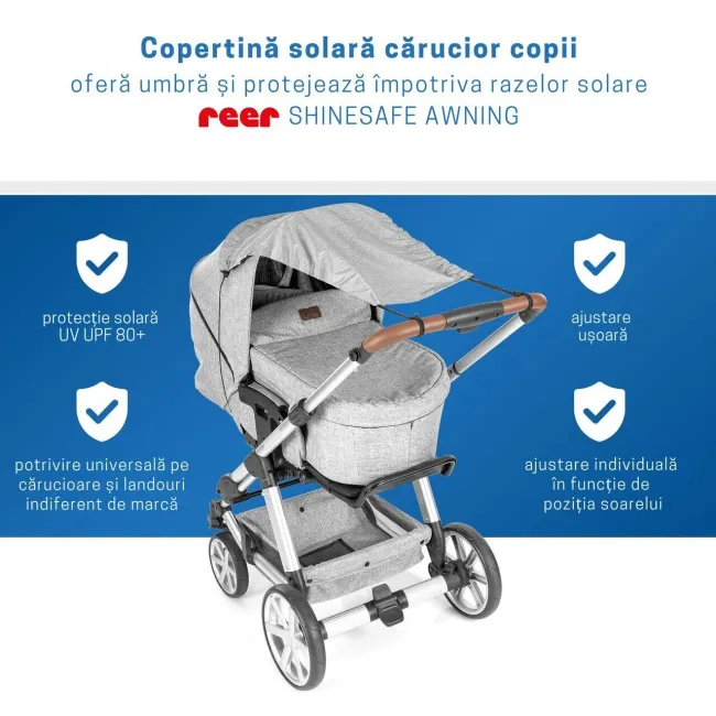 Copertina solara carucior copii, protectie UV UPF 80+, parasolar universal reglabil, protectie vant si ploaie usoara, prindere elastica universala, montare rapida, gri melange, Reer ShineSafe 84301
