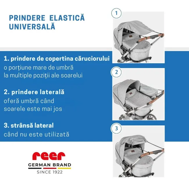 Copertina solara carucior copii, protectie UV UPF 80+, parasolar universal reglabil, protectie vant si ploaie usoara, prindere elastica universala, montare rapida, gri melange, Reer ShineSafe 84301