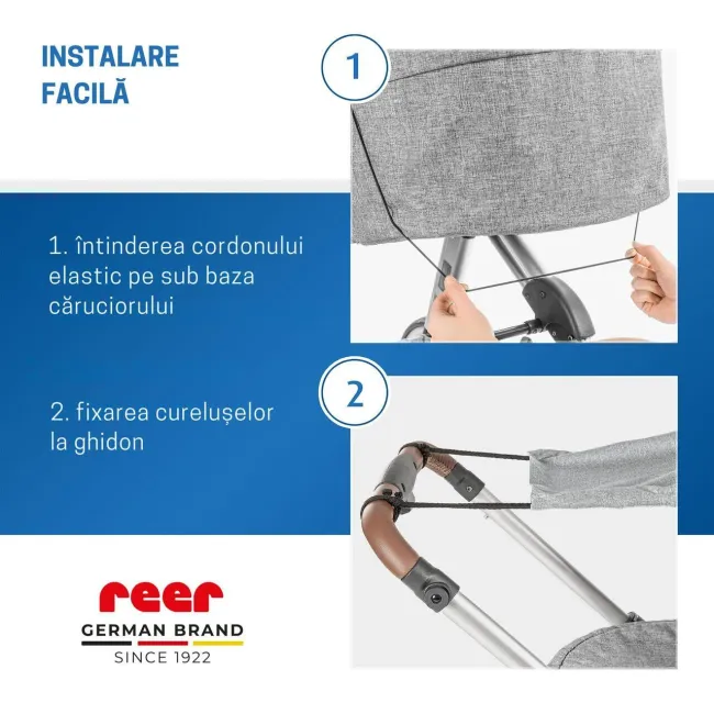 Copertina solara carucior copii, protectie UV UPF 80+, parasolar universal reglabil, protectie vant si ploaie usoara, prindere elastica universala, montare rapida, gri melange, Reer ShineSafe 84301