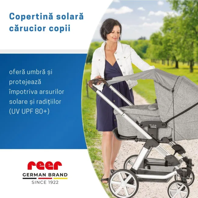 Copertina solara carucior copii, protectie UV UPF 80+, parasolar universal reglabil, protectie vant si ploaie usoara, prindere elastica universala, montare rapida, gri melange, Reer ShineSafe 84301