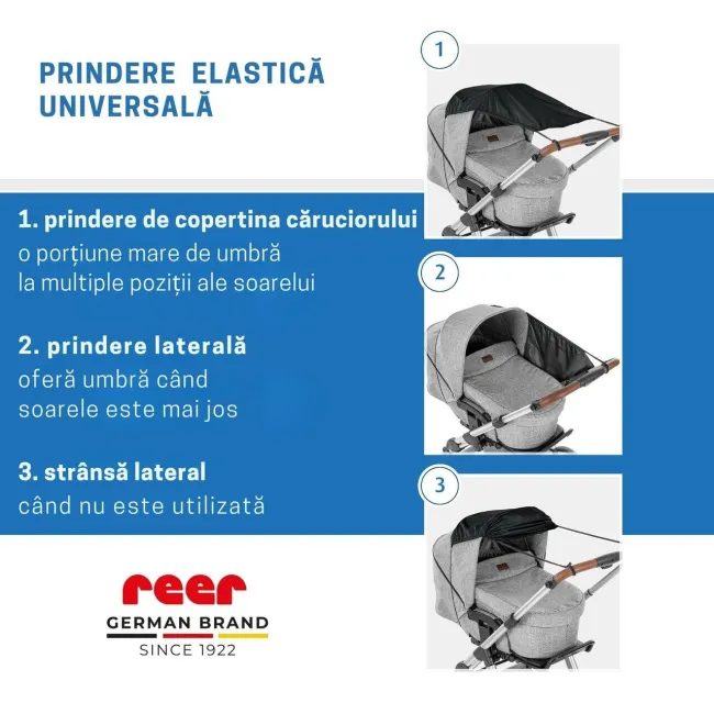 Copertina solara carucior copii, protectie UV UPF 80+, parasolar universal reglabil, protectie vant si ploaie usoara, prindere elastica universala, montare rapida, negru, Reer ShineSafe 84291