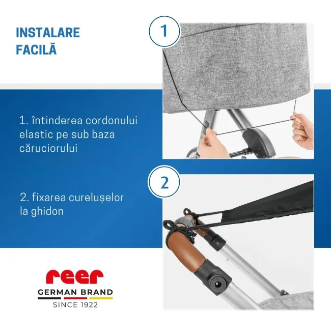 Copertina solara carucior copii, protectie UV UPF 80+, parasolar universal reglabil, protectie vant si ploaie usoara, prindere elastica universala, montare rapida, negru, Reer ShineSafe 84291
