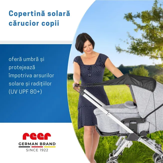 Copertina solara carucior copii, protectie UV UPF 80+, parasolar universal reglabil, protectie vant si ploaie usoara, prindere elastica universala, montare rapida, negru, Reer ShineSafe 84291