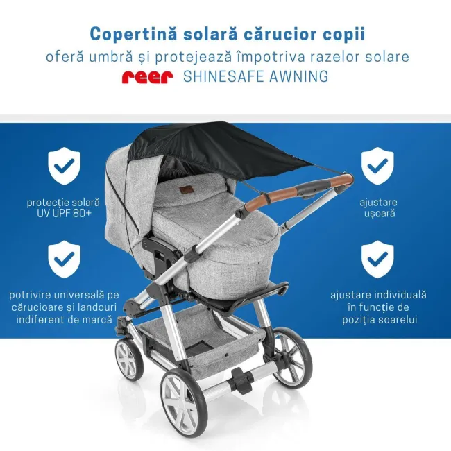 Copertina solara carucior copii, protectie UV UPF 80+, parasolar universal reglabil, protectie vant si ploaie usoara, prindere elastica universala, montare rapida, negru, Reer ShineSafe 84291