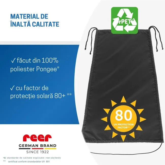 Copertina solara carucior copii, protectie UV UPF 80+, parasolar universal reglabil, protectie vant si ploaie usoara, prindere elastica universala, montare rapida, negru, Reer ShineSafe 84291