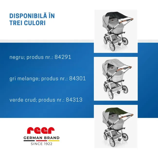 Copertina solara carucior copii, protectie UV UPF 80+, parasolar universal reglabil, protectie vant si ploaie usoara, prindere elastica universala, montare rapida, verde, Reer ShineSafe 84313