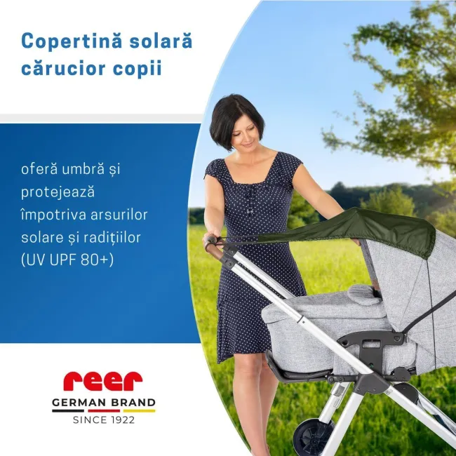 Copertina solara carucior copii, protectie UV UPF 80+, parasolar universal reglabil, protectie vant si ploaie usoara, prindere elastica universala, montare rapida, verde, Reer ShineSafe 84313