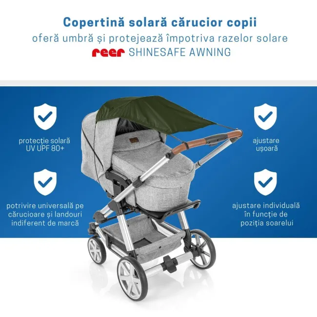 Copertina solara carucior copii, protectie UV UPF 80+, parasolar universal reglabil, protectie vant si ploaie usoara, prindere elastica universala, montare rapida, verde, Reer ShineSafe 84313
