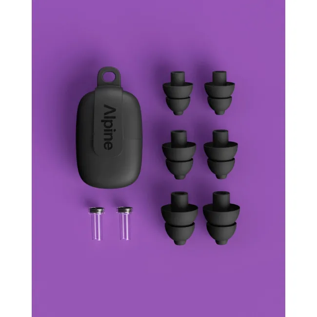 Dopuri de urechi cu filtru muzical profesional pentru festivaluri si concerte, 3 dimensiuni incluse (S/M/L), protectie zgomote SNR 21dB, reutilizabile, negre, ALPINE PartyPlug PRO 2025 ALP20060