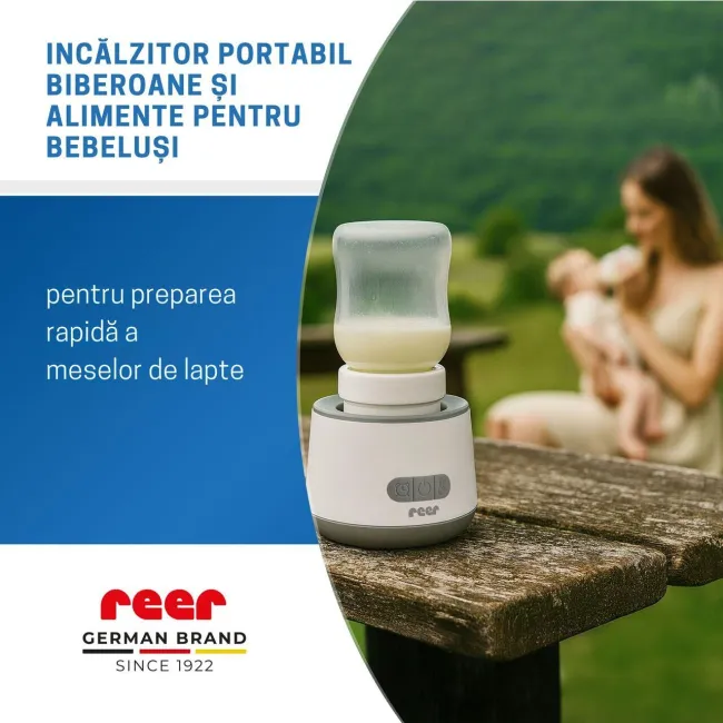 Incalzitor portabil biberoane si alimente pentru bebelusi, 4 trepte temperatura 37-50&deg;C, acumulator cu incarcare USB-C, 3 adaptoare biberon incluse, afisaj temperatura, timer cu oprire automata, independent de priza, Reer Heat2Go 33060