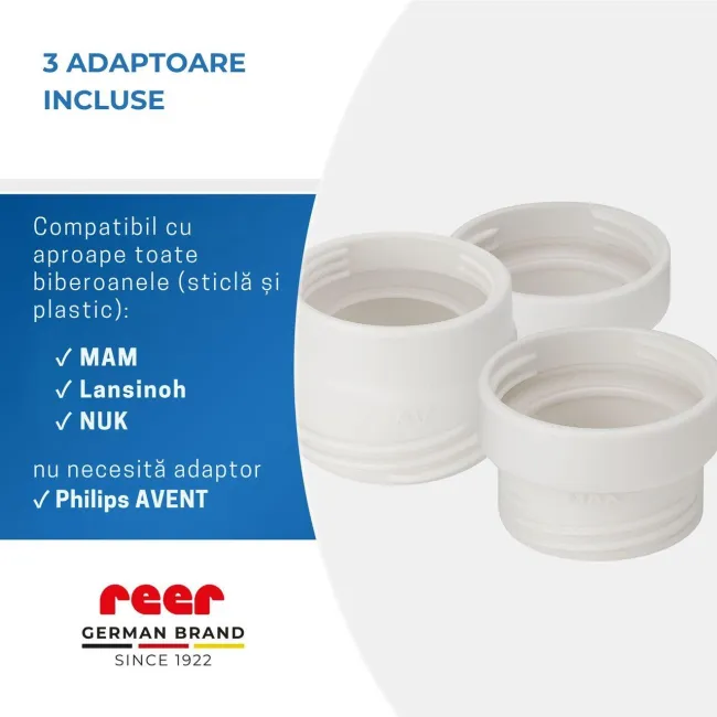 Incalzitor portabil biberoane si alimente pentru bebelusi, 4 trepte temperatura 37-50&deg;C, acumulator cu incarcare USB-C, 3 adaptoare biberon incluse, afisaj temperatura, timer cu oprire automata, independent de priza, Reer Heat2Go 33060