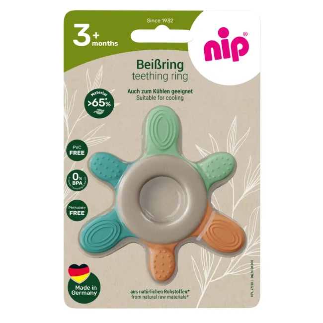 Inel de dentitie pentru bebelusi nip&reg; Green, masaj gingii si primii dintisori, din materiale naturale, fara BPA, fara ftalati, fara PVC, Made in Germany, 3+ luni, nip 38787