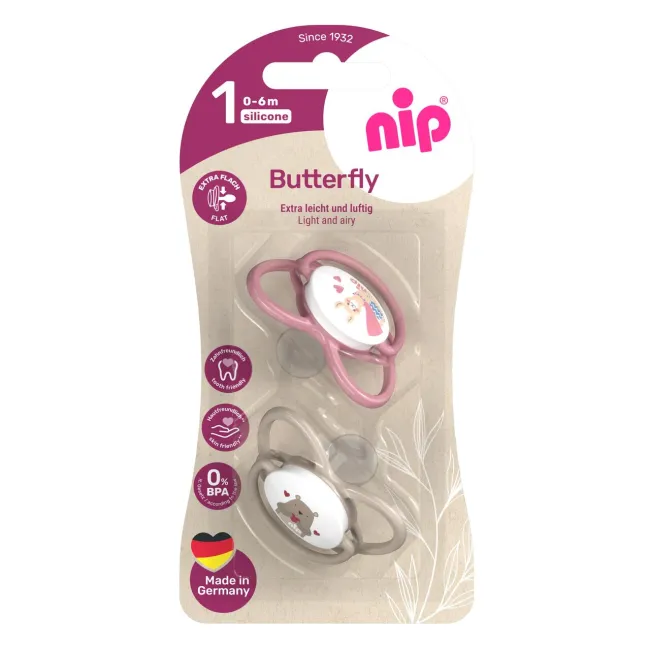Set 2 suzete nip Butterfly cu tetina ortodontica din silicon, forma simetrica, fara BPA, cu inel pentru prindere usoara, 0-6 luni, nip Butterfly 31050