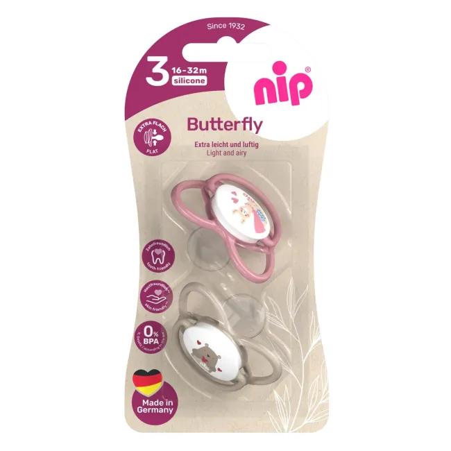 Set 2 suzete nip Butterfly cu tetina ortodontica din silicon, forma simetrica, fara BPA, cu inel pentru prindere usoara, 16-32 luni, nip Butterfly 31052
