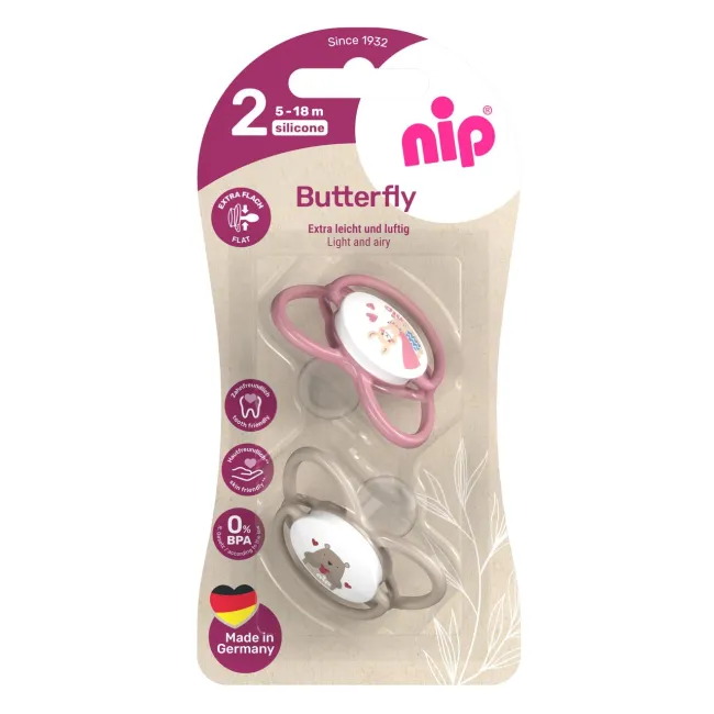 Set 2 suzete nip Butterfly cu tetina ortodontica din silicon, forma simetrica, fara BPA, cu inel pentru prindere usoara, 5-18 luni, nip Butterfly 31051