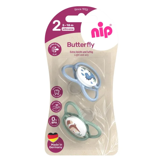 Set 2 suzete nip Butterfly cu tetina ortodontica din silicon, forma simetrica, fara BPA, cu inel pentru prindere usoara, 5-18 luni, nip Butterfly 31051