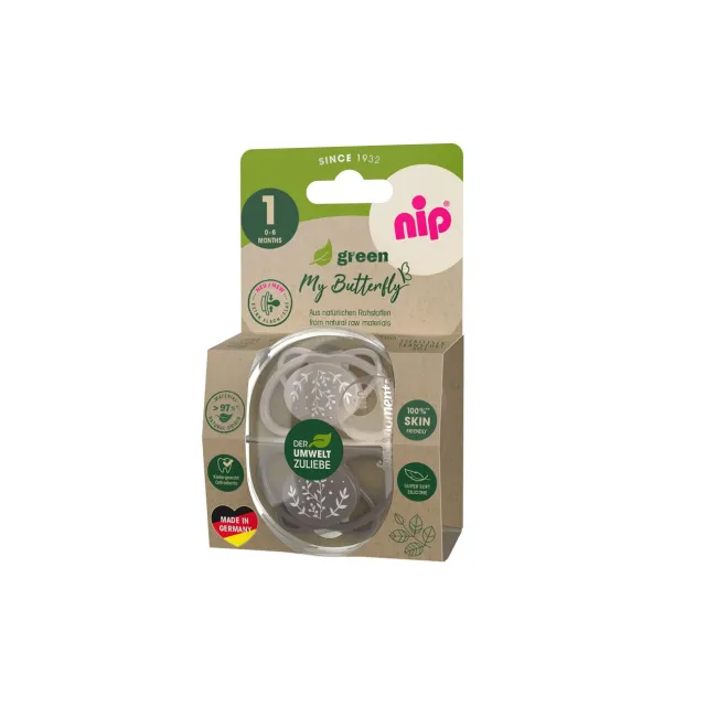 Set 2 suzete nip My Butterfly cu tetina ortodontica din silicon, forma simetrica, din materiale naturale regenerabile, fara BPA, cutie de transport si sterilizare, 0-6 luni, maro, nip My Butterfly Green 38866
