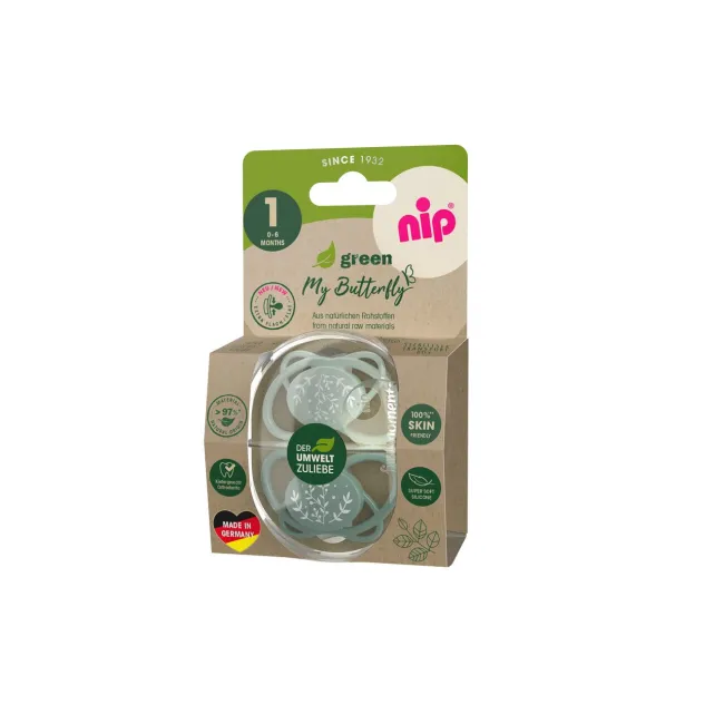 Set 2 suzete nip My Butterfly cu tetina ortodontica din silicon, forma simetrica, din materiale naturale regenerabile, fara BPA, cutie de transport si sterilizare, 0-6 luni, verde, nip My Butterfly Green 38860