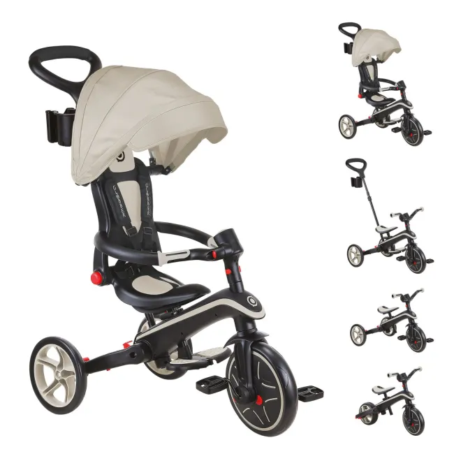 Tricicleta Globber EXPLORER PLIABLA 4 in 1, functie free wheel, scaun ajustabil, roti EVA, centura siguranta in 5 puncte, culoare bej FUNK732-466