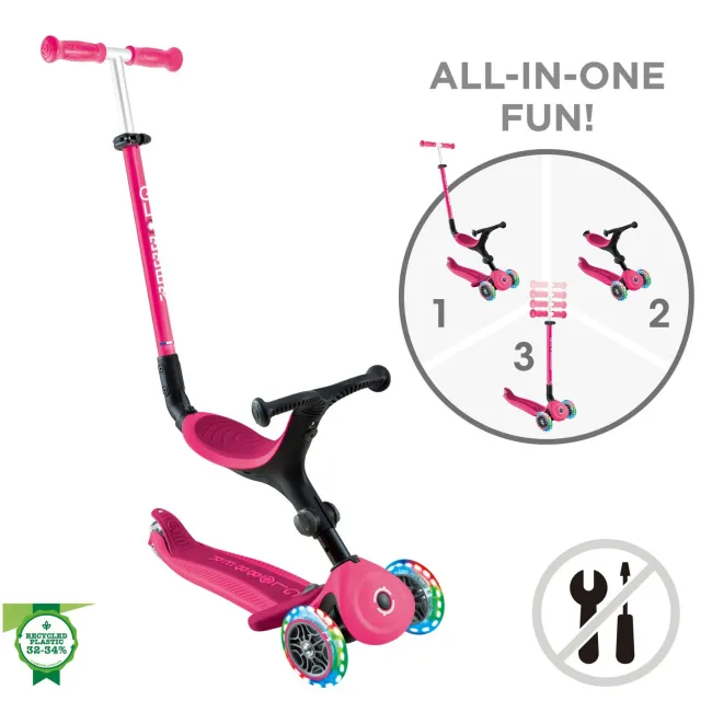 Trotineta Globber GO UP ACTIVE 3 in 1, cu maner de impins, scaun si ghidon ajustabile, roti cu lumini LED, culoare roz FUNK744-110