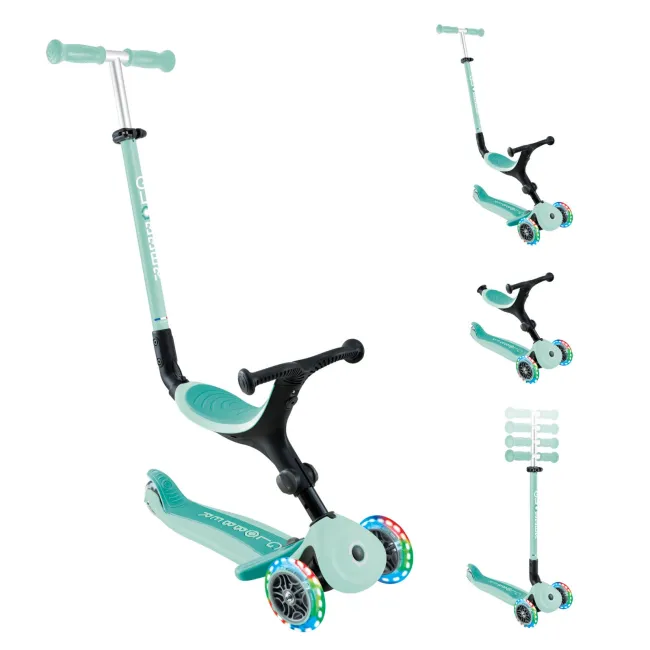 Trotineta Globber GO UP ACTIVE 3 in 1, cu maner de impins, scaun si ghidon ajustabile, roti cu lumini LED, culoare verde FUNK744-206