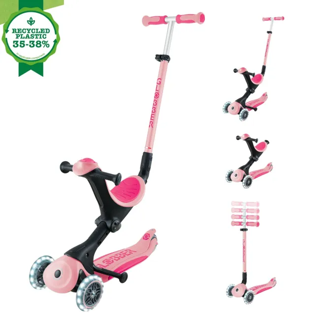Trotineta Globber GO UP DELUXE ECOLOGIC 3 in 1, ghidon si scaun ajustabile pe inaltime, roti cu lumini, culoare roz pal FUNK646-710-1