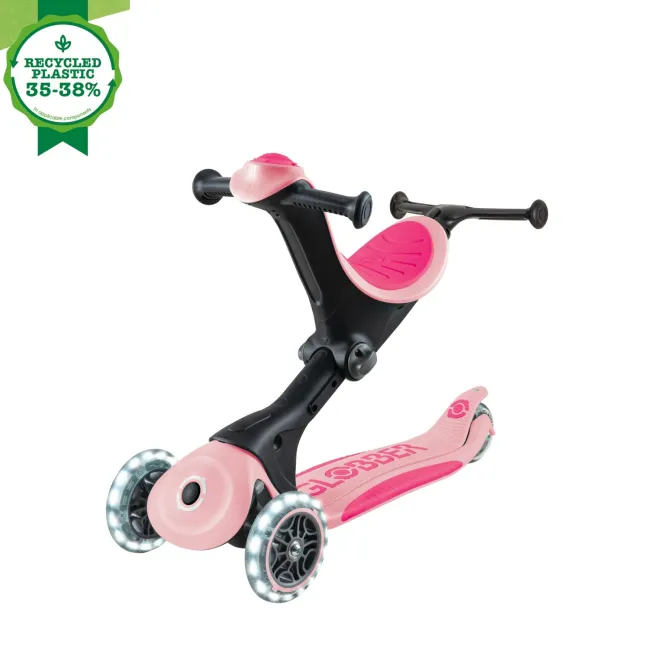 Trotineta Globber GO UP DELUXE ECOLOGIC 3 in 1, ghidon si scaun ajustabile pe inaltime, roti cu lumini, culoare roz pal FUNK646-710-1