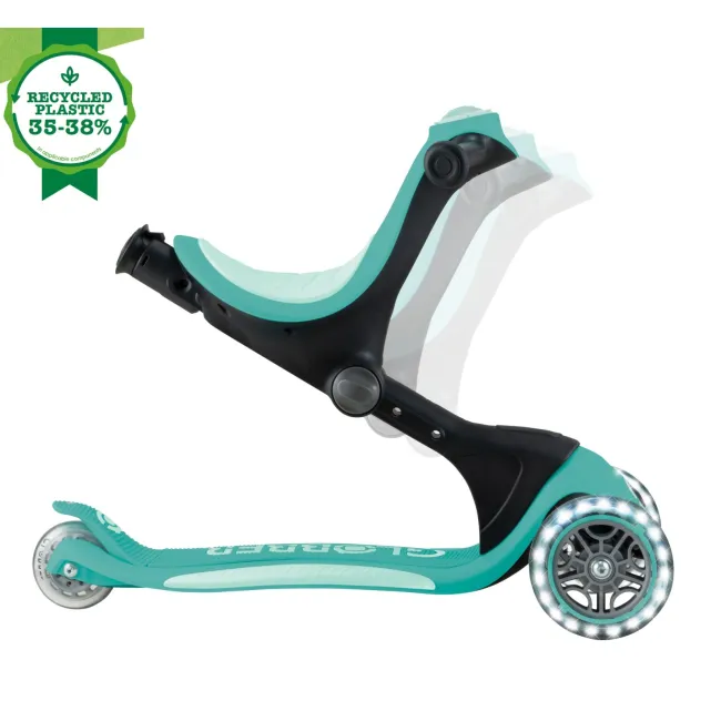 Trotineta Globber GO UP DELUXE ECOLOGIC 3 in 1, ghidon si scaun ajustabile pe inaltime, roti cu lumini, culoare verde FUNK646-706-1