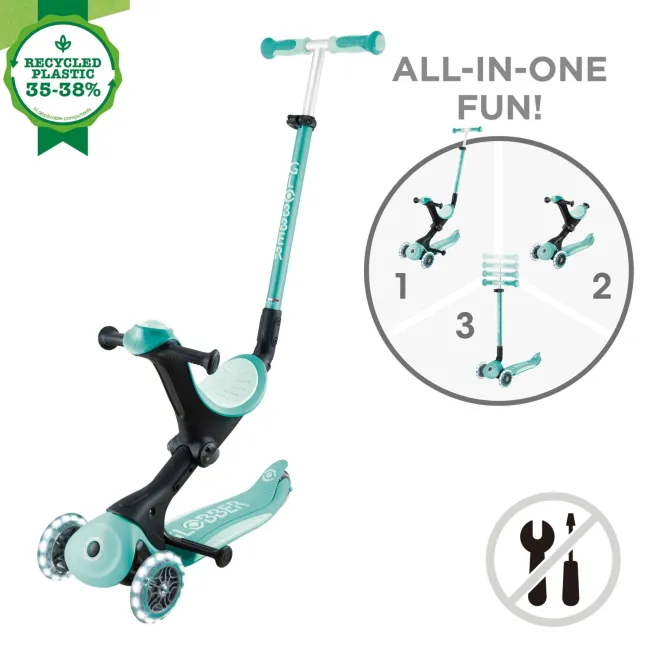 Trotineta Globber GO UP DELUXE ECOLOGIC 3 in 1, ghidon si scaun ajustabile pe inaltime, roti cu lumini, culoare verde FUNK646-706-1