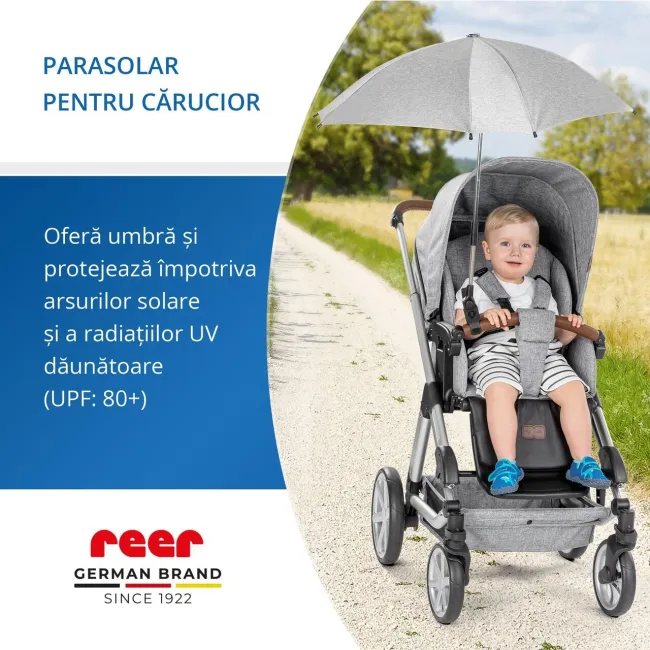 Umbrela parasolar carucior copii, protectie UV 80+, forma patrata 80 cm, reglabila 180&deg;, prindere universala anti-alunecare, gri melange, Reer ShineSafe 84271