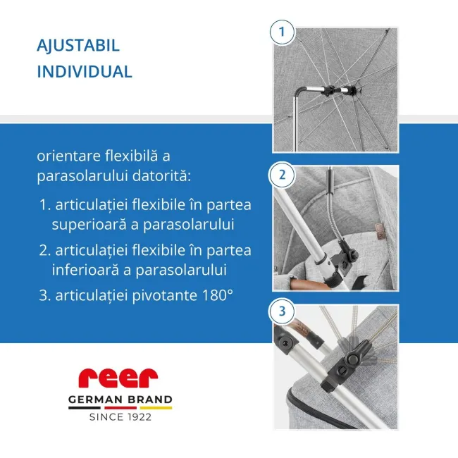 Umbrela parasolar carucior copii, protectie UV 80+, forma patrata 80 cm, reglabila 180&deg;, prindere universala anti-alunecare, gri melange, Reer ShineSafe 84271