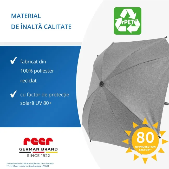 Umbrela parasolar carucior copii, protectie UV 80+, forma patrata 80 cm, reglabila 180&deg;, prindere universala anti-alunecare, gri melange, Reer ShineSafe 84271