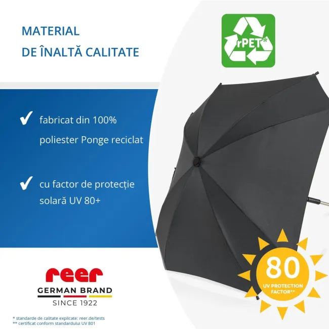 Umbrela parasolar carucior copii, protectie UV 80+, forma patrata 80 cm, reglabila 180&deg;, prindere universala anti-alunecare, negru, Reer ShineSafe 84261