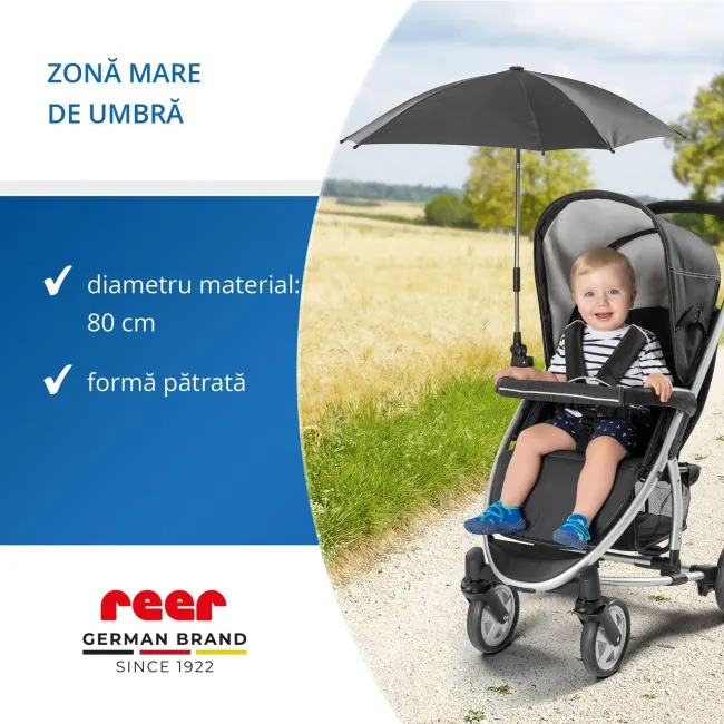 Umbrela parasolar carucior copii, protectie UV 80+, forma patrata 80 cm, reglabila 180&deg;, prindere universala anti-alunecare, negru, Reer ShineSafe 84261