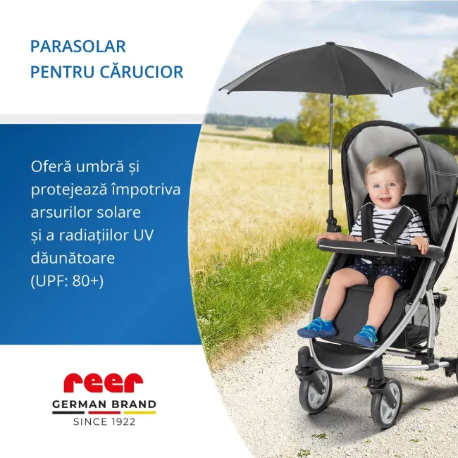 Umbrela parasolar carucior copii, protectie UV 80+, forma patrata 80 cm, reglabila 180&deg;, prindere universala anti-alunecare, negru, Reer ShineSafe 84261