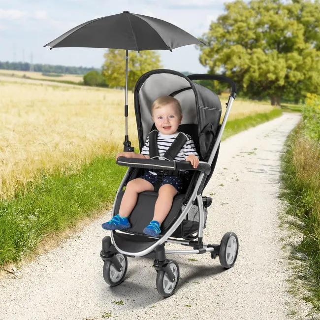 Umbrela parasolar carucior copii, protectie UV 80+, forma patrata 80 cm, reglabila 180&deg;, prindere universala anti-alunecare, negru, Reer ShineSafe 84261