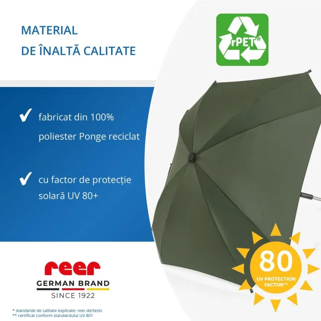 Umbrela parasolar carucior copii, protectie UV 80+, forma patrata 80 cm, reglabila 180&deg;, prindere universala anti-alunecare, verde, Reer ShineSafe 84283