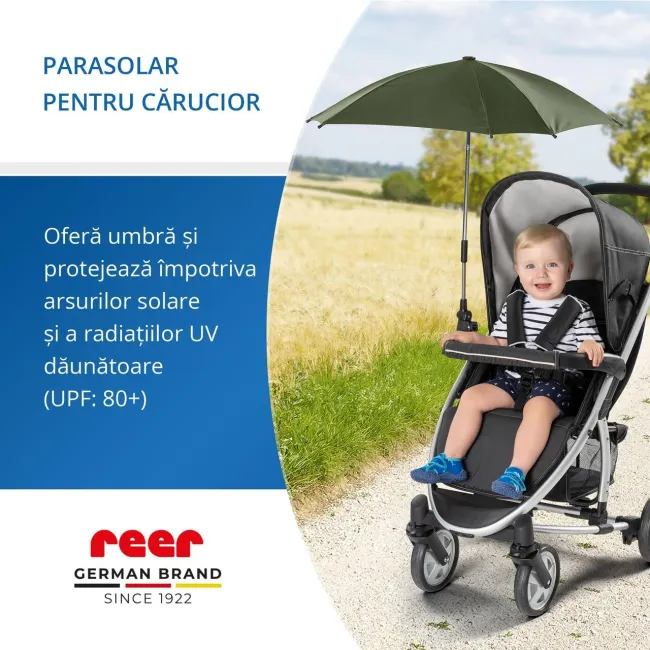 Umbrela parasolar carucior copii, protectie UV 80+, forma patrata 80 cm, reglabila 180&deg;, prindere universala anti-alunecare, verde, Reer ShineSafe 84283