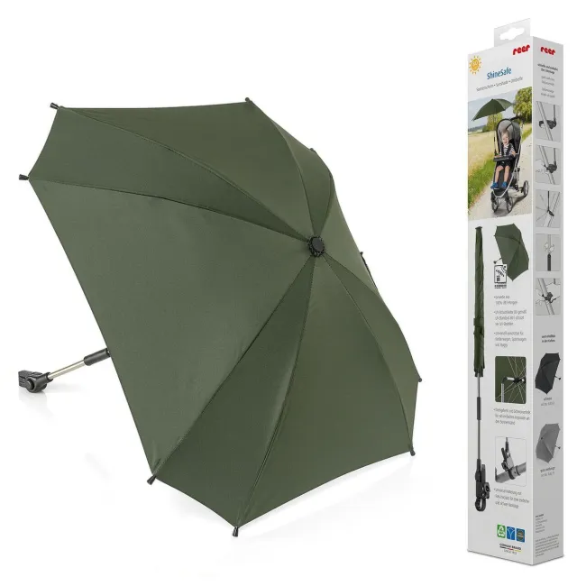 Umbrela parasolar carucior copii, protectie UV 80+, forma patrata 80 cm, reglabila 180&deg;, prindere universala anti-alunecare, verde, Reer ShineSafe 84283